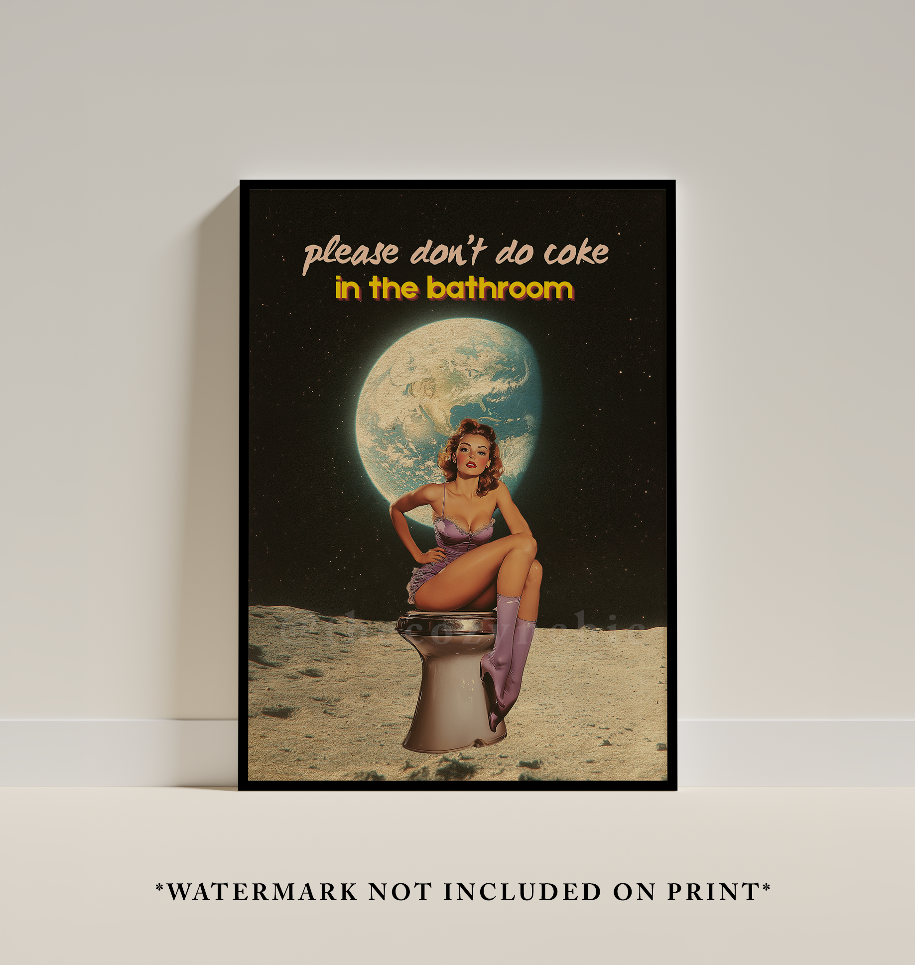 Retro Bathroom Art Print: Surreal Moon, Pin-Up Poster