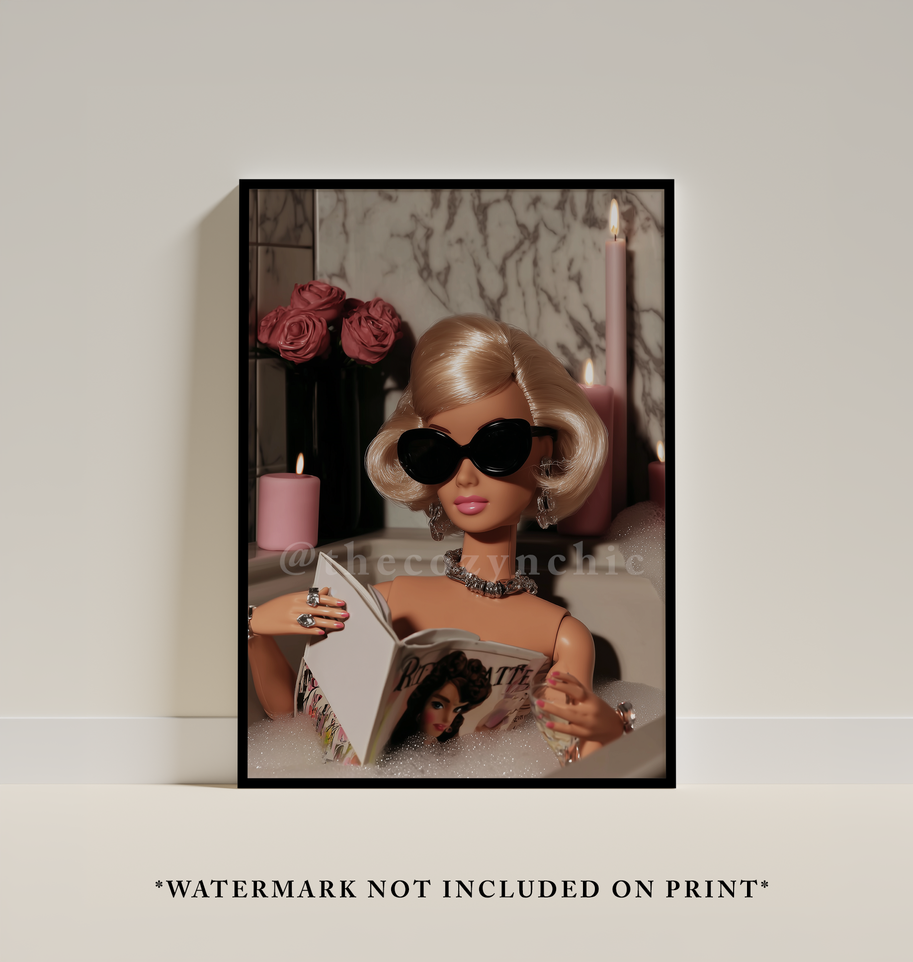 Vintage Fashion Doll Bath Print, Coquette Wall Decor, Pink Bathroom Poster