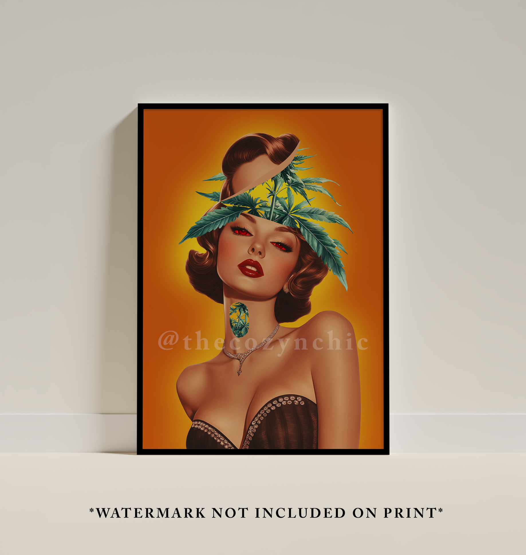 Vintage Surreal Wall Art Print: Woman Marijuana Art Decor