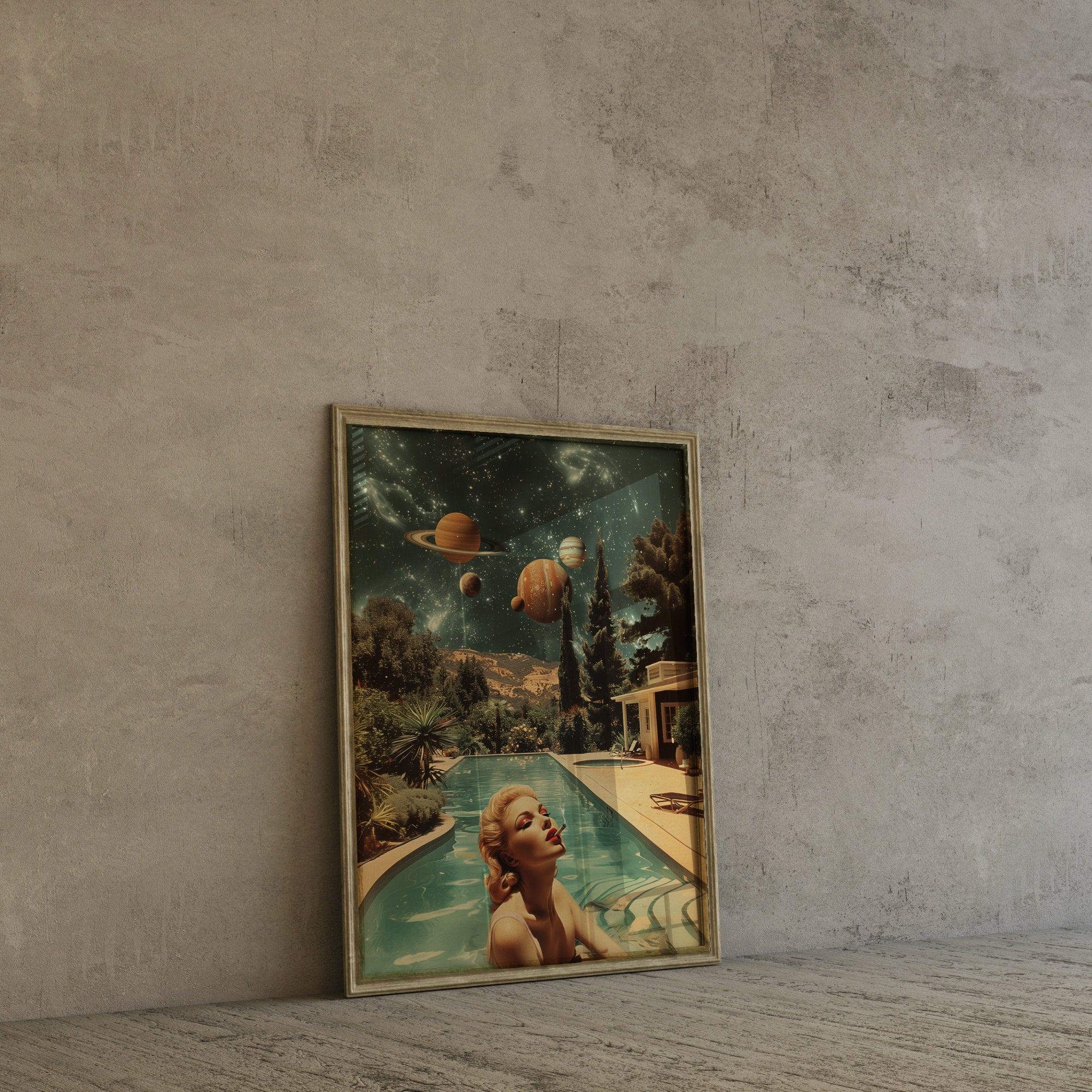 Retro Futurism Space Print: Poolside Woman, Planets Art image 3
