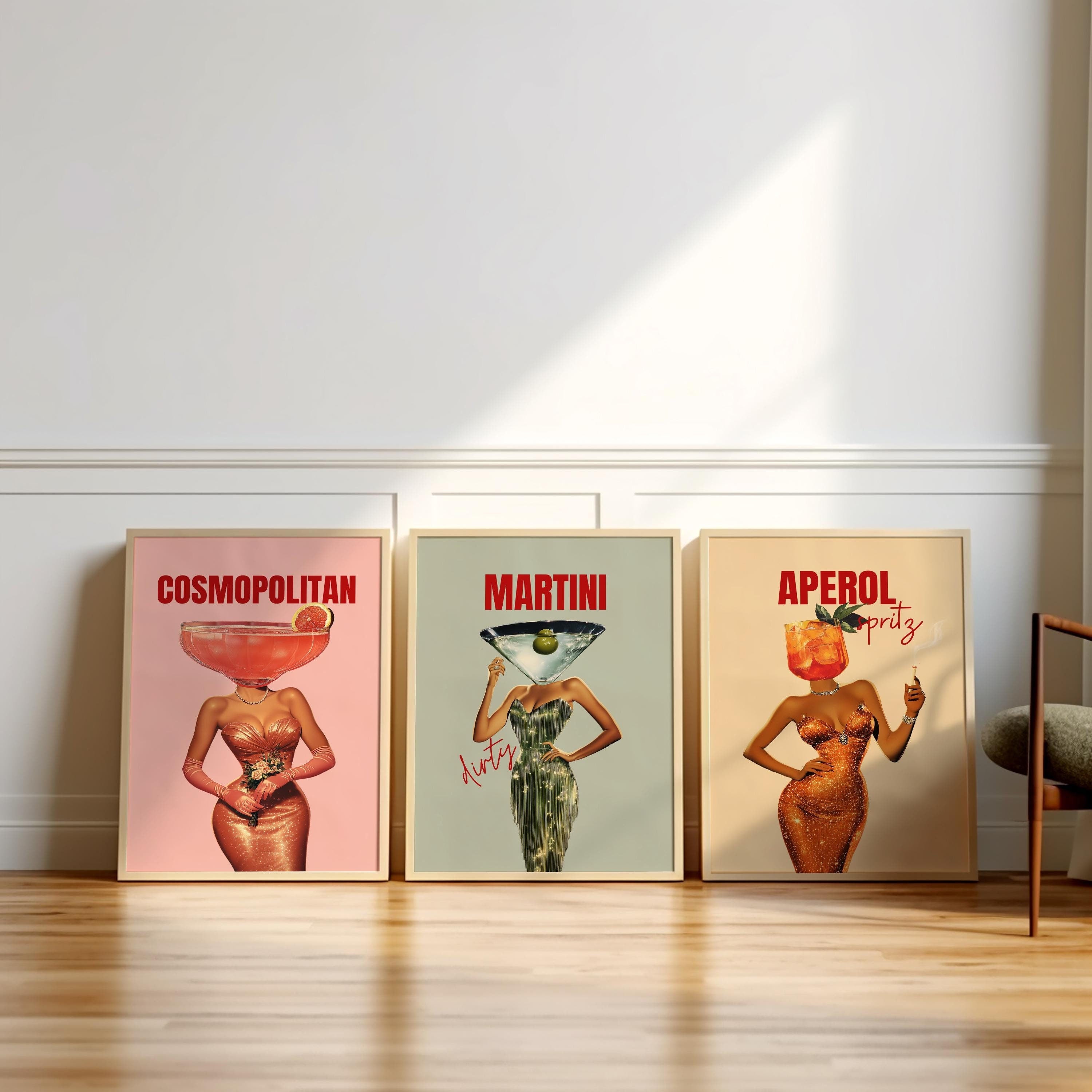 Vintage Cocktail Art Prints: Dirty Martini, Aperol Spritz, Cosmopolitan Bar Decor image 2