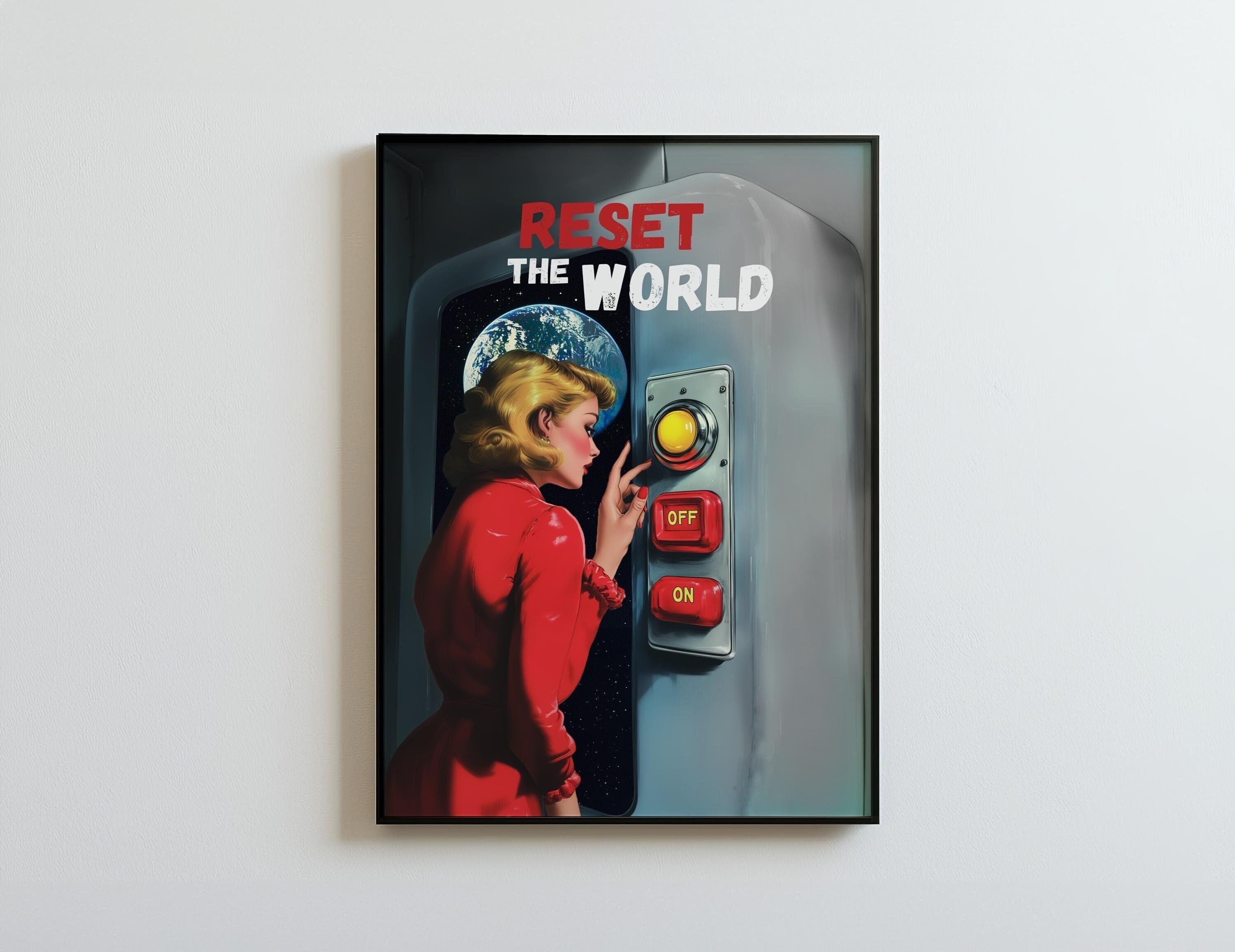 Retro Futurism Space Art Print: "Reset The World" Vintage Decor - 5x7