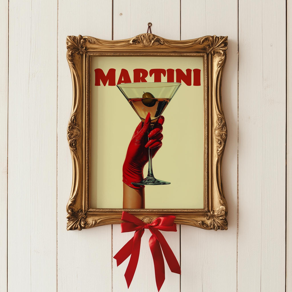 Retro Martini Cocktail Art Print: Red Glove Bar Cart Decor - 5x7