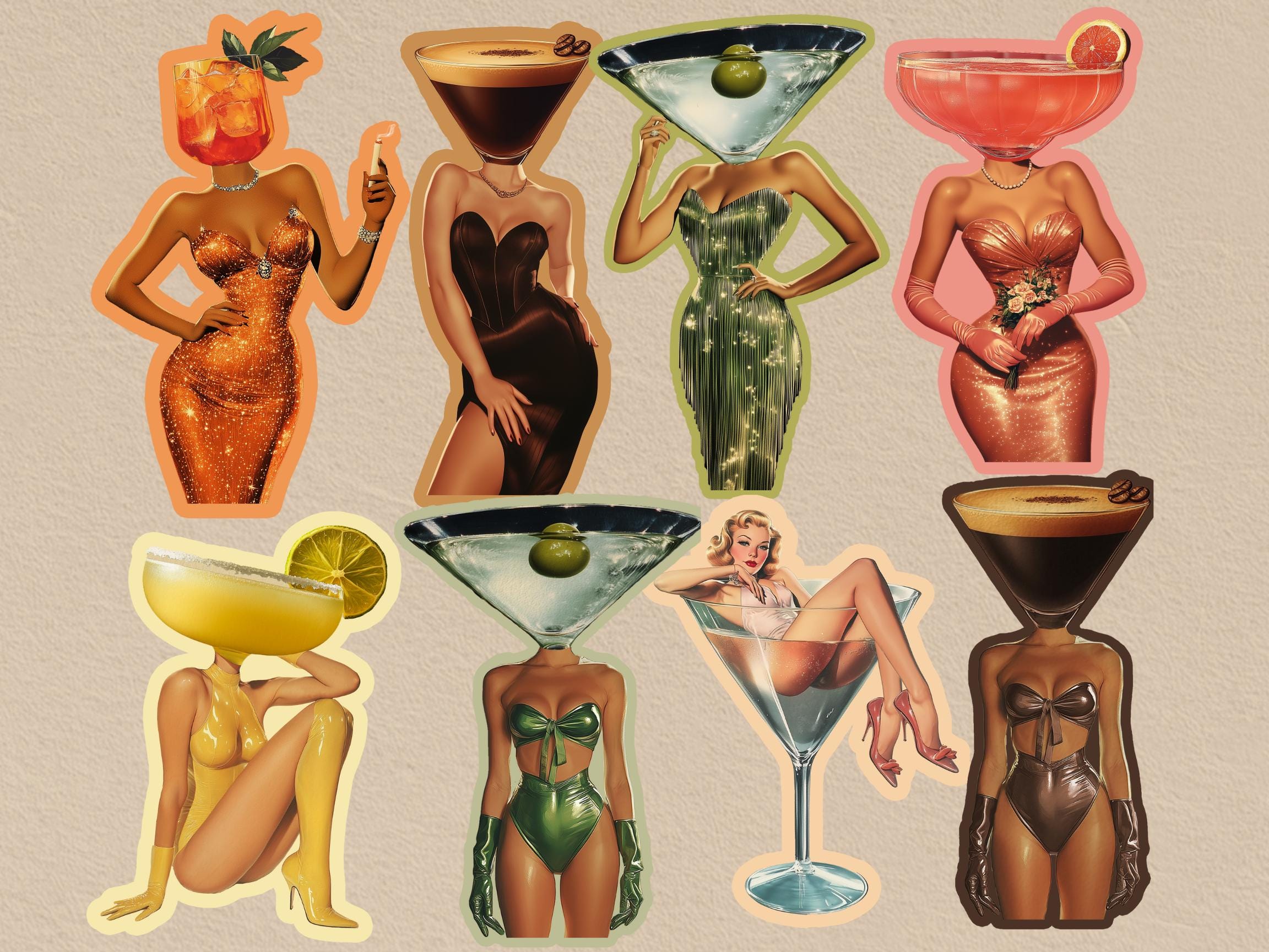 Cocktail Art Stickers, Junk Journal Supplies, Waterproof Funny Planner Stickers - Default Title - Design 14