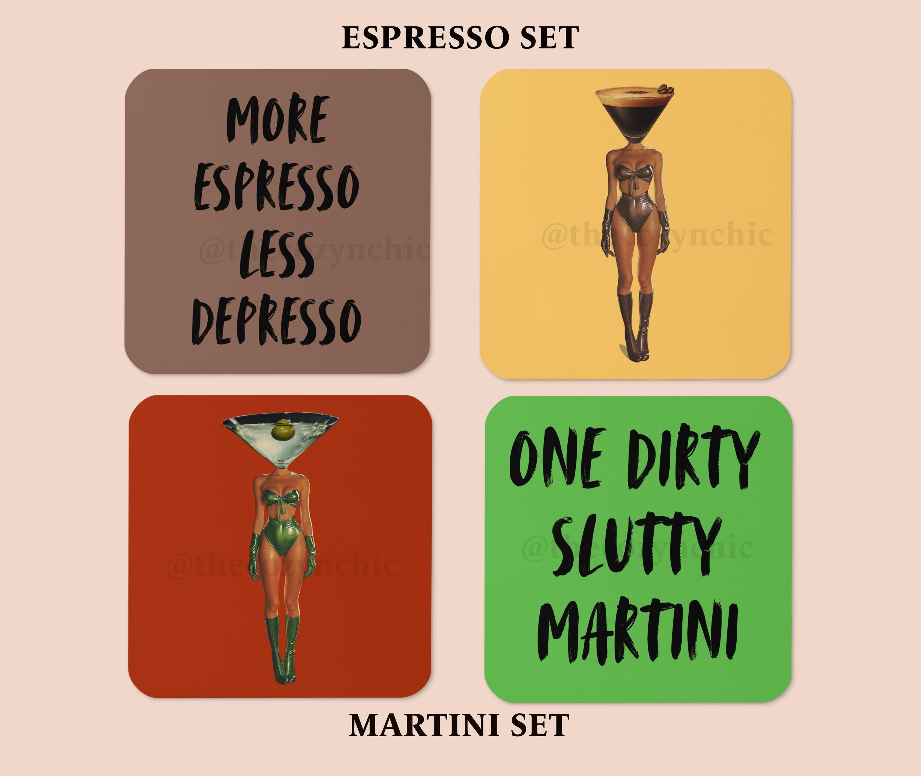 Funky Set of Cocktail Coasters, Trendy Bar Cart Decor, Dirty Martini Coasters, Espresso Martini Art image 2 - Design 18