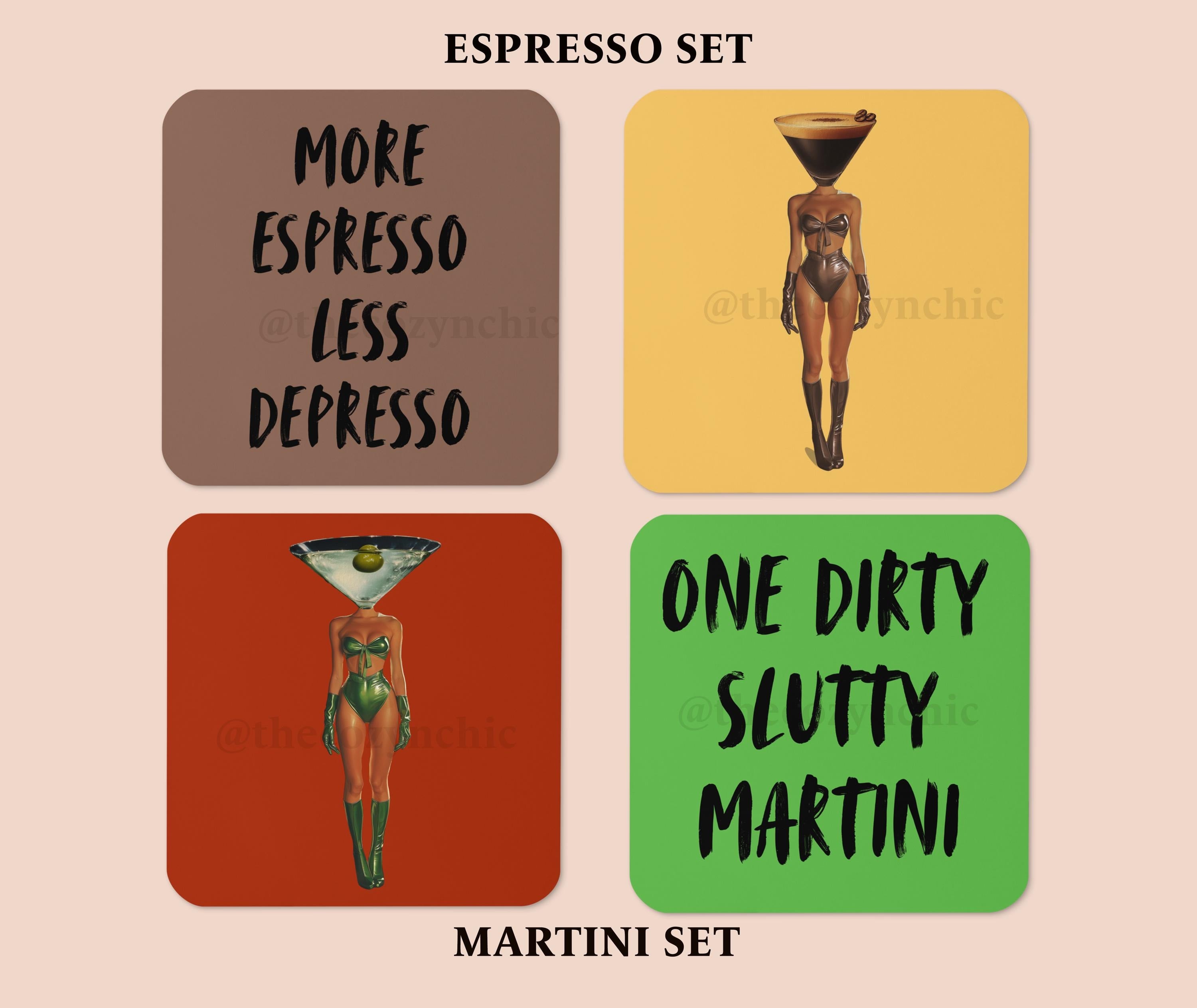 Funky Set of Cocktail Coasters, Trendy Bar Cart Decor, Dirty Martini Coasters, Espresso Martini Art image 2 - Design 10