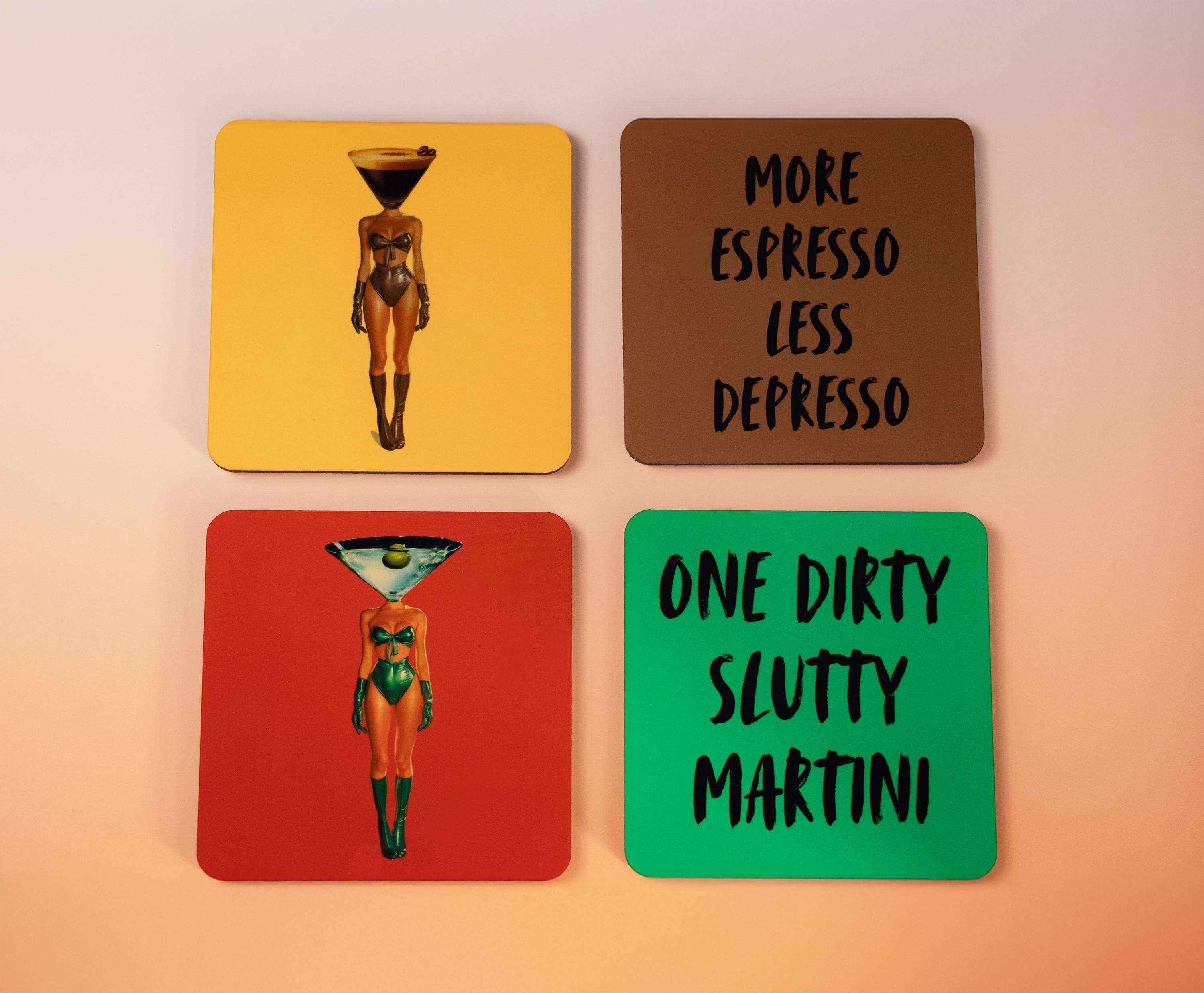 Funky Set of Cocktail Coasters, Trendy Bar Cart Decor, Dirty Martini Coasters, Espresso Martini Art - Default Title - Design 14