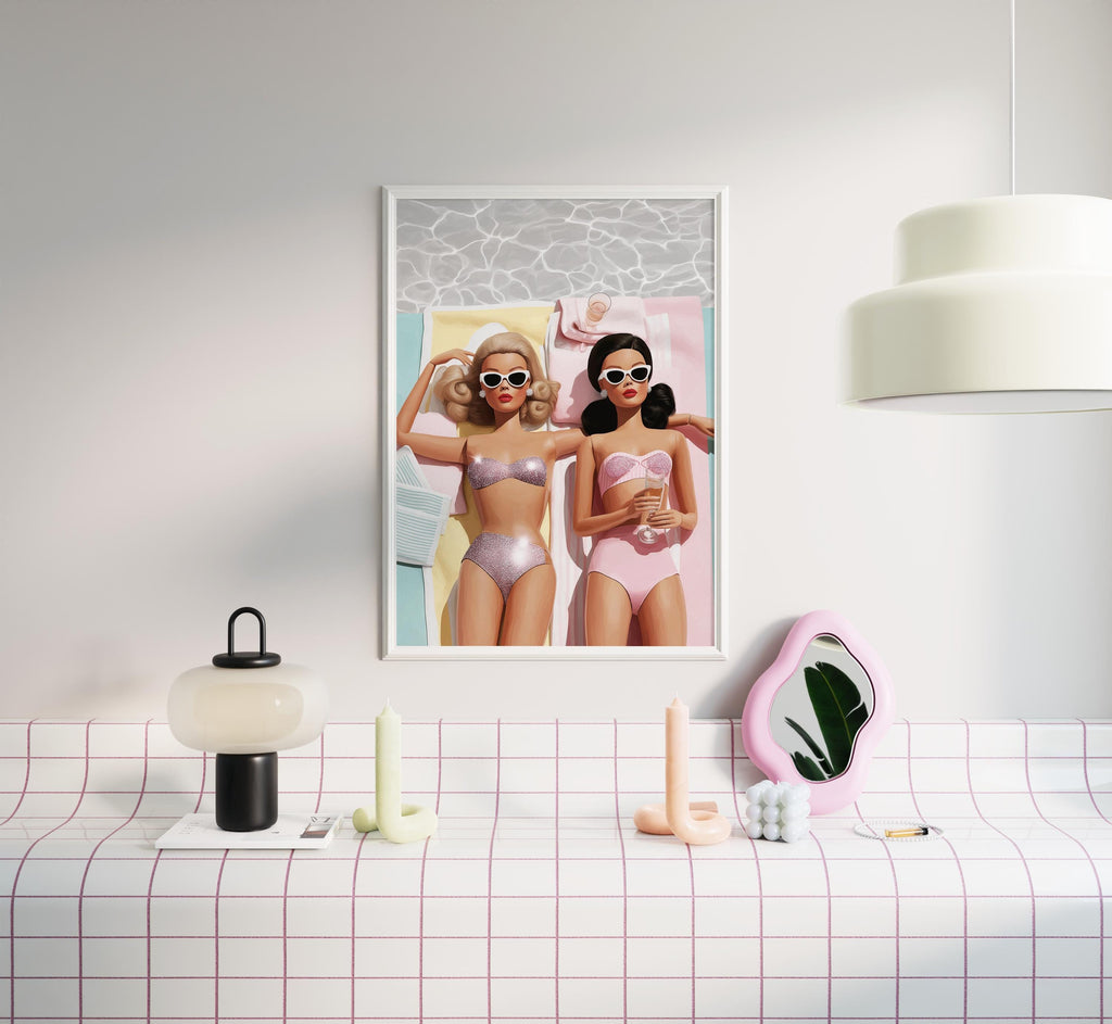 Retro Fashion Doll Beach Poster, Coastal Wall Art - 5x7