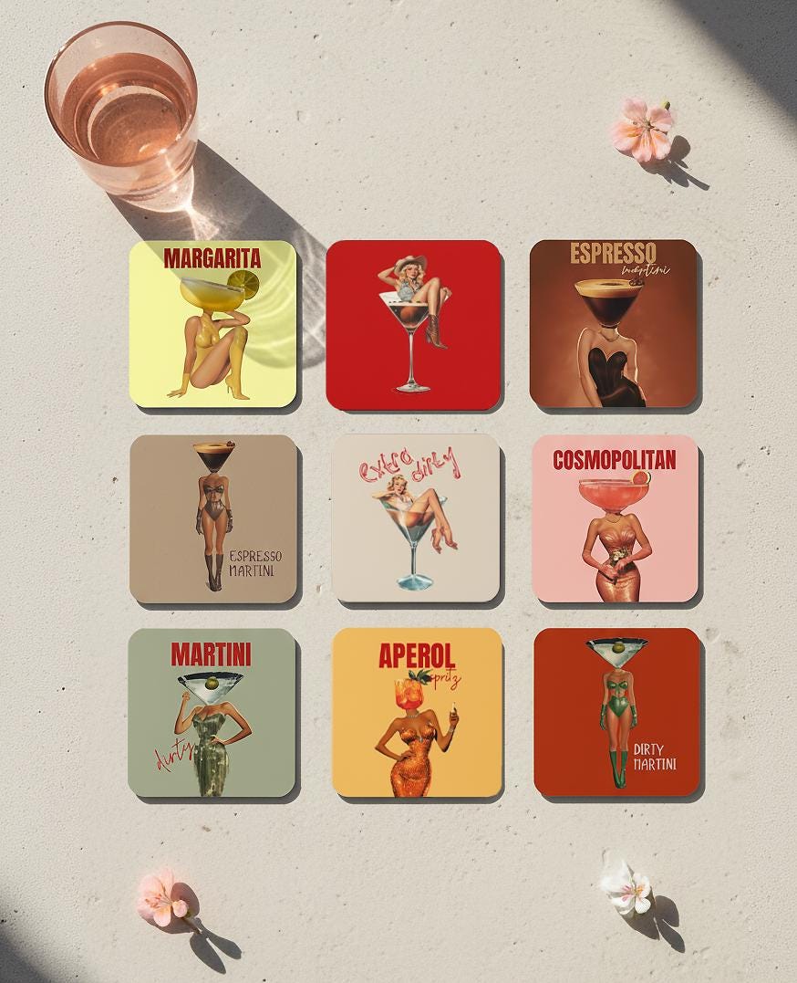 Vintage Cocktail Coasters, Trendy Bar Cart Decor, Dirty Martini Coasters - Default Title - Design 09