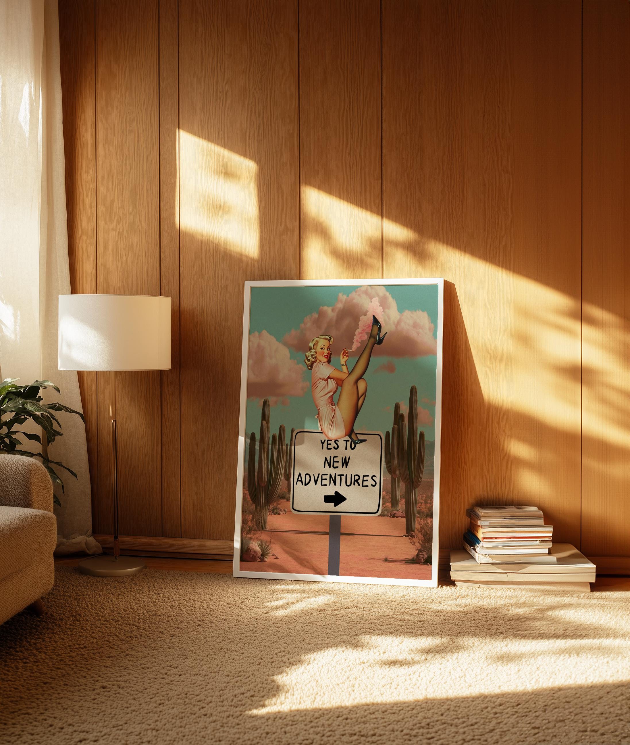Retro Cowgirl Print, Pink Desert Wall Art, Vintage Home Decor Art image 2