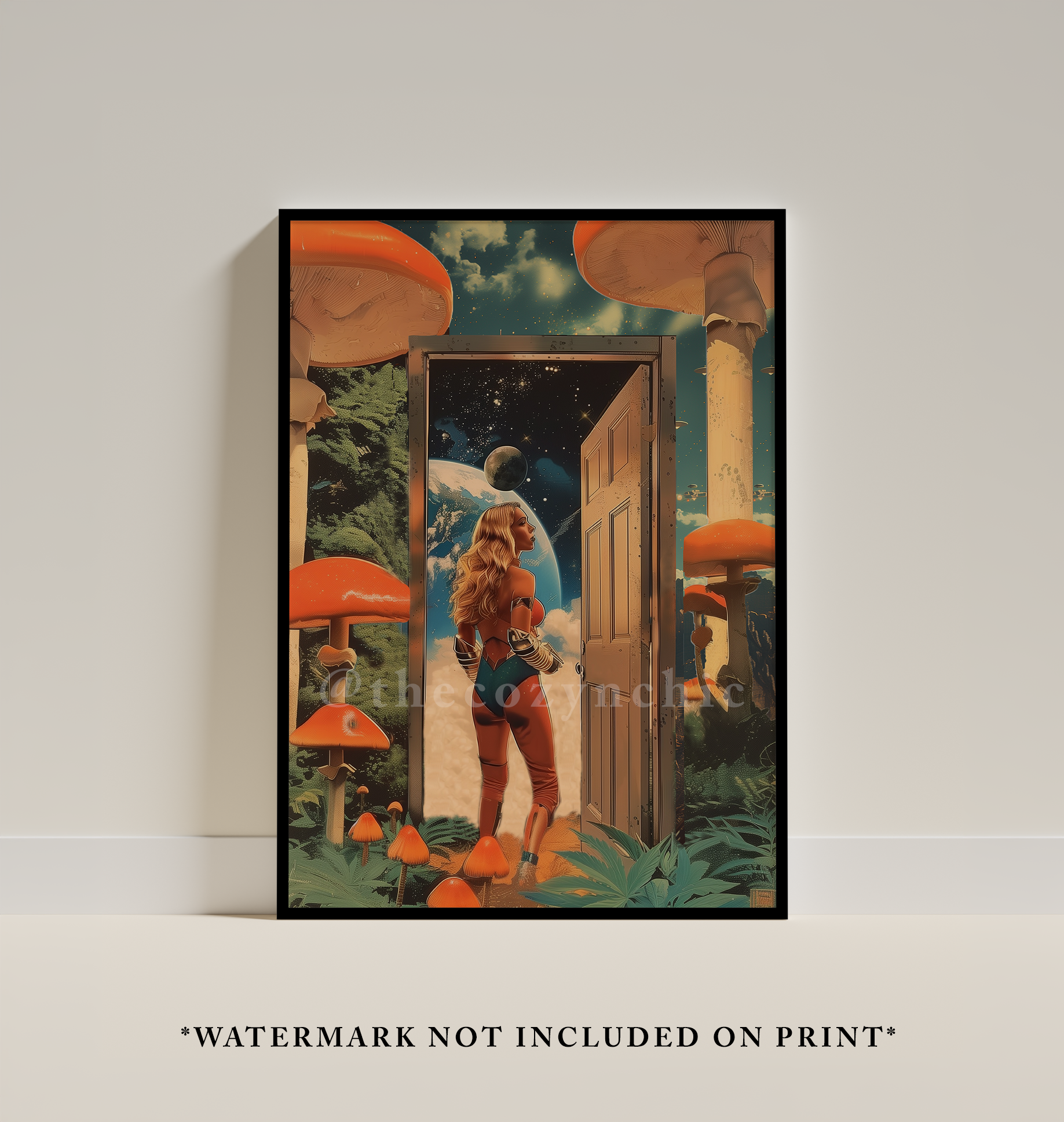 Surreal Astronaut Art Print: Retro-Futuristic Cosmic Mushroom Poster