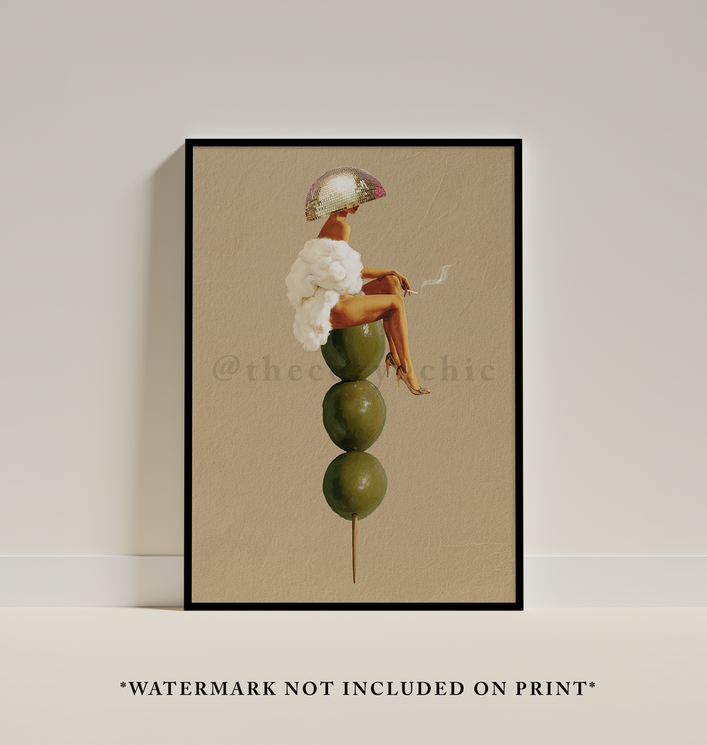 Funky Martini Olive Art Print, Retro Cocktail Bar Decor