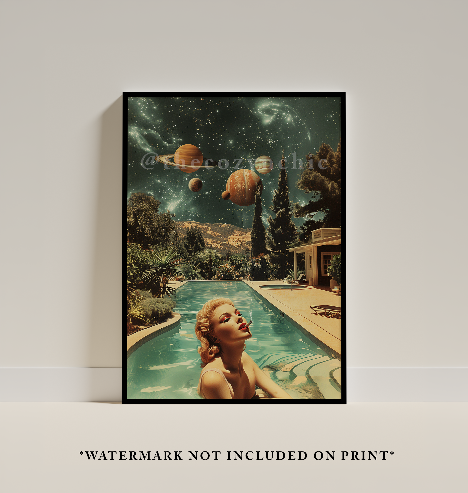 Retro Futurism Space Print: Poolside Woman, Planets Art
